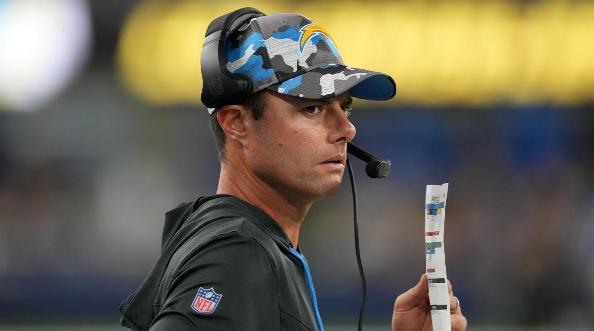 Aug 13, 2022; Inglewood, California, USA; Los Angeles Chargers coach Brandon Staley watches from the sideline in the first half against the Los Angeles Rams at SoFi Stadium.